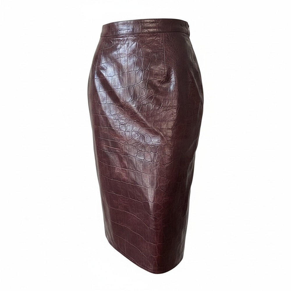 Ungaro Parallele Paris Burgundy Croc Embossed Leather Pencil Skirt Made in Italy